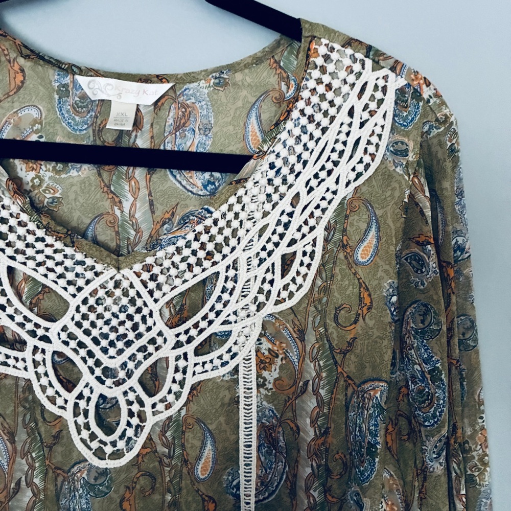 krazy kat Olive Green Paisley Tunic with White Crochet Trim